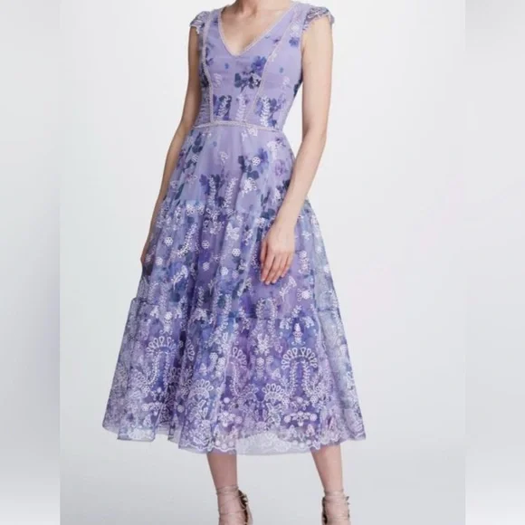 Marchesa Notte Floral Embroidered Midi Dress